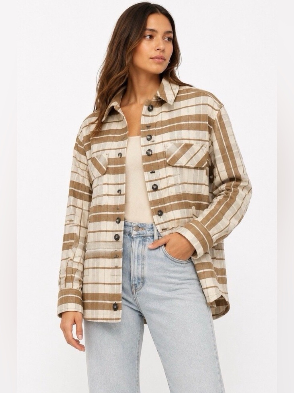 Everlane oversized shirt jacket taupe tan plaid size extra small
